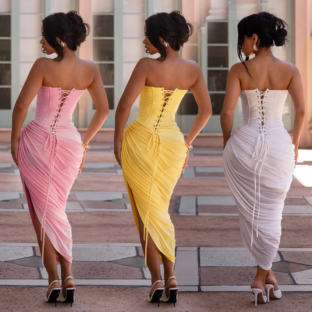 Women Sexy Off-Shoulder Strapless Pleated Bodycon Dress