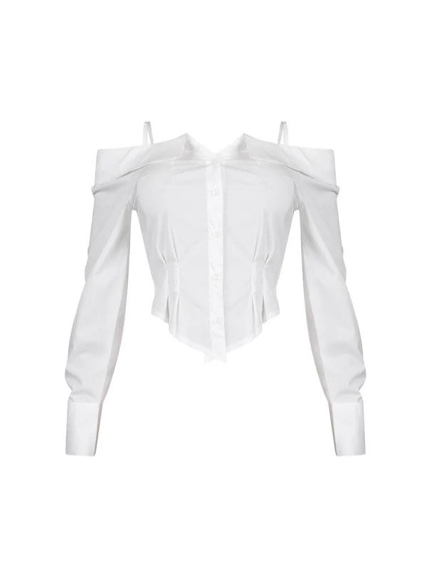 Women Turndown Collar Shirt Long-Sleeved Off-Shoulder Shirt