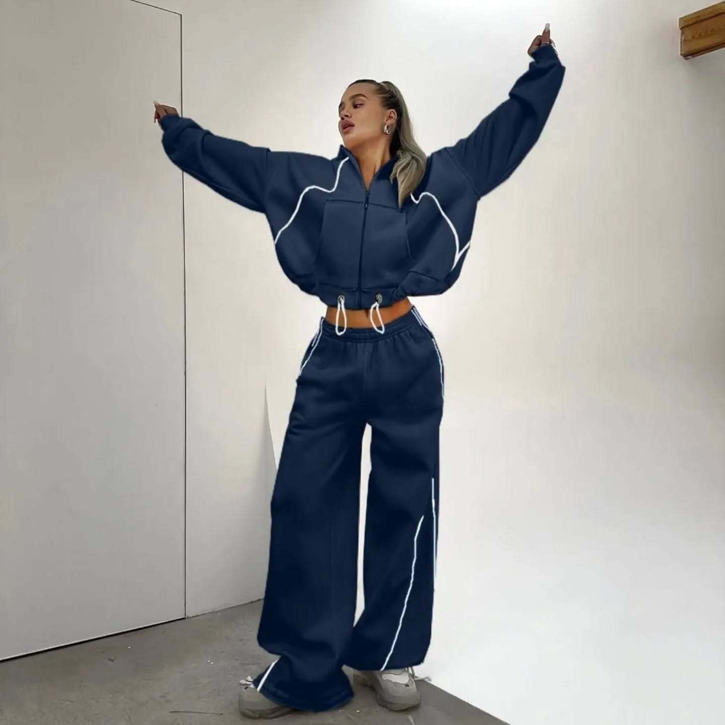Women Contrast Zipper Hoodies And Pants Two-Piece Set