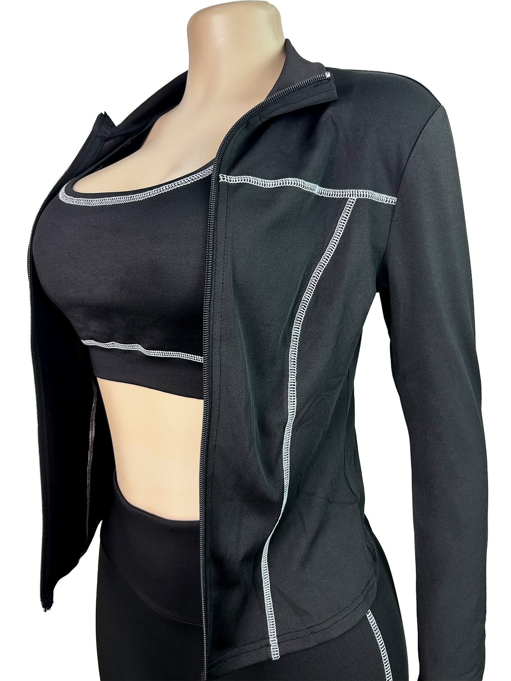 Women Zippered Thumb-Sleeve Long-Sleeved Top And Pants Three-Piece Set
