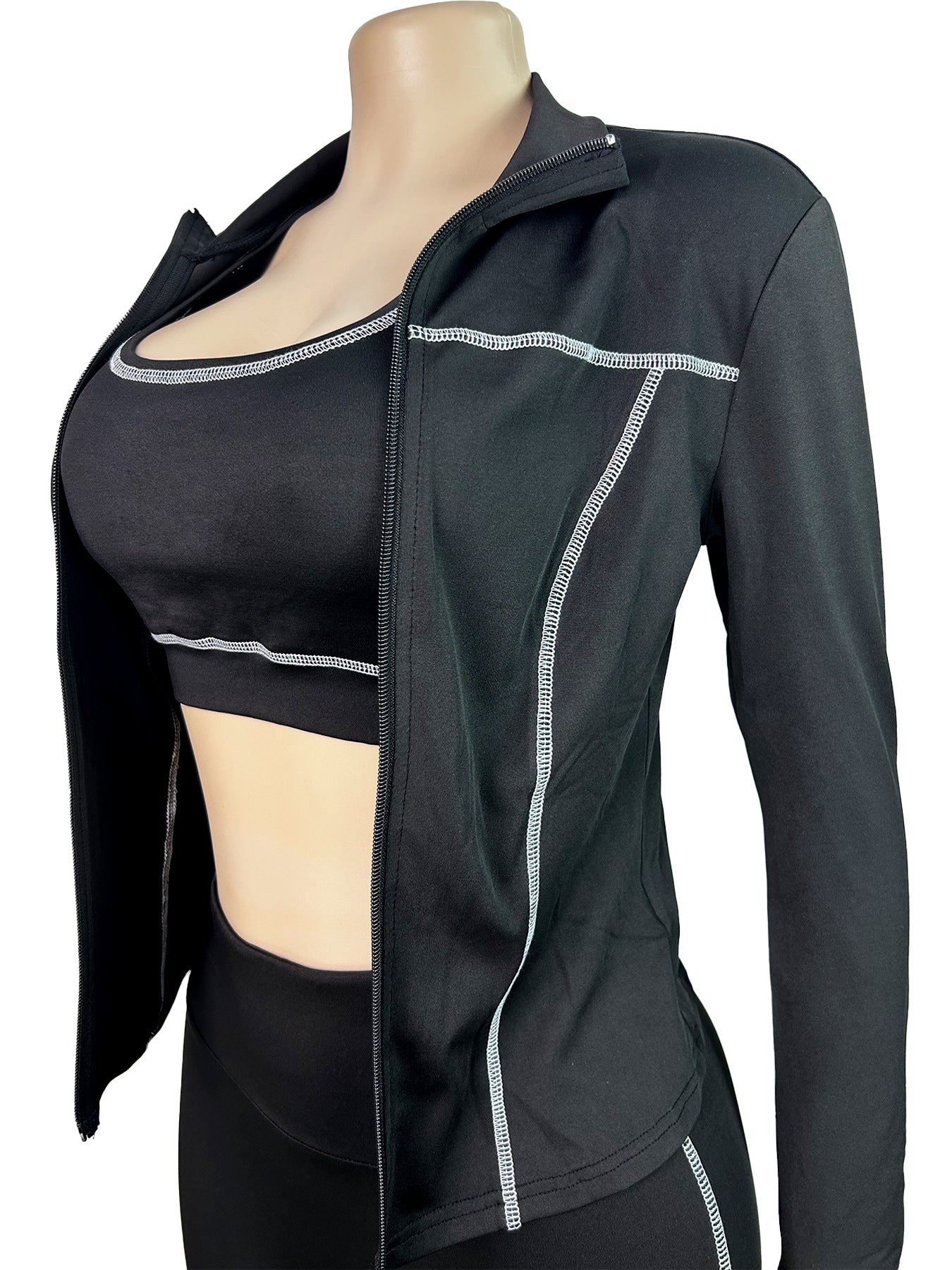 Women Zippered Thumb-Sleeve Long-Sleeved Top And Pants Three-Piece Set