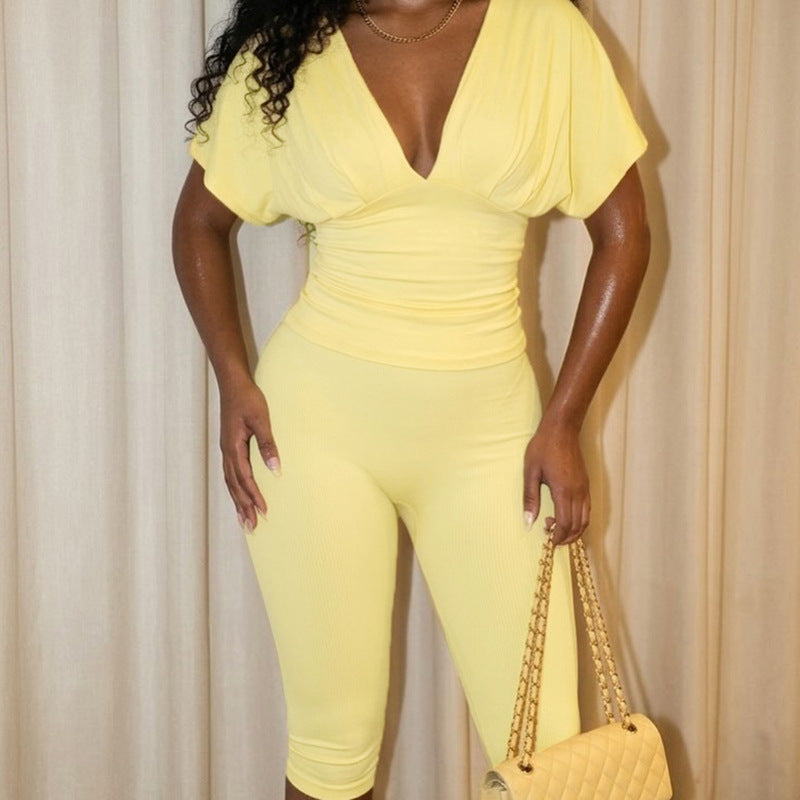 Women Solid Color V-Neck Ruffled Short Sleeve Top Tight Fitting Capri Pants Two-Piece Set