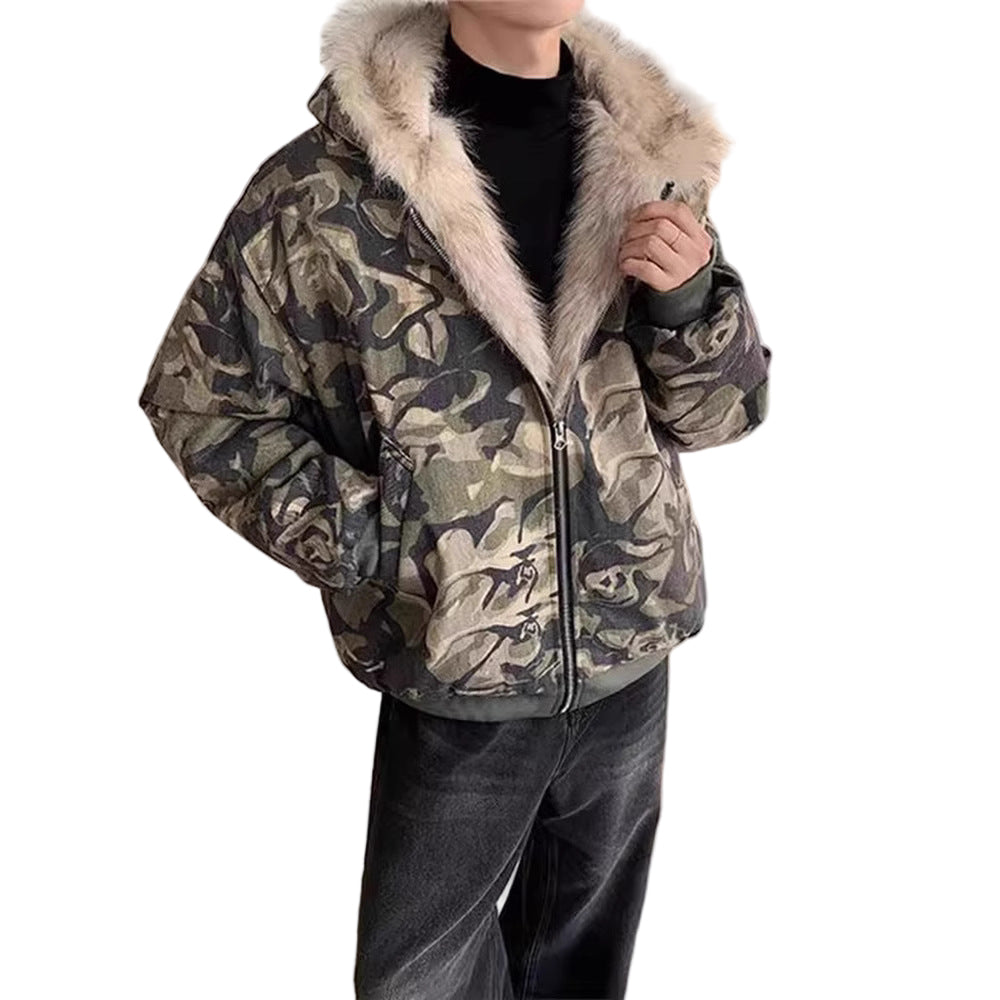 Men's Camo Fur Collar Hooded Jacket - Thickened Winter Coat