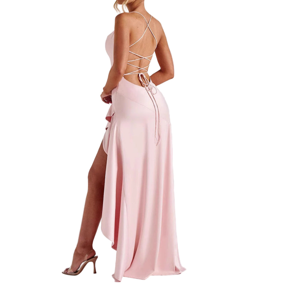 Women's Backless Ruffle Irregular Hem Dress - Elegant Evening Style