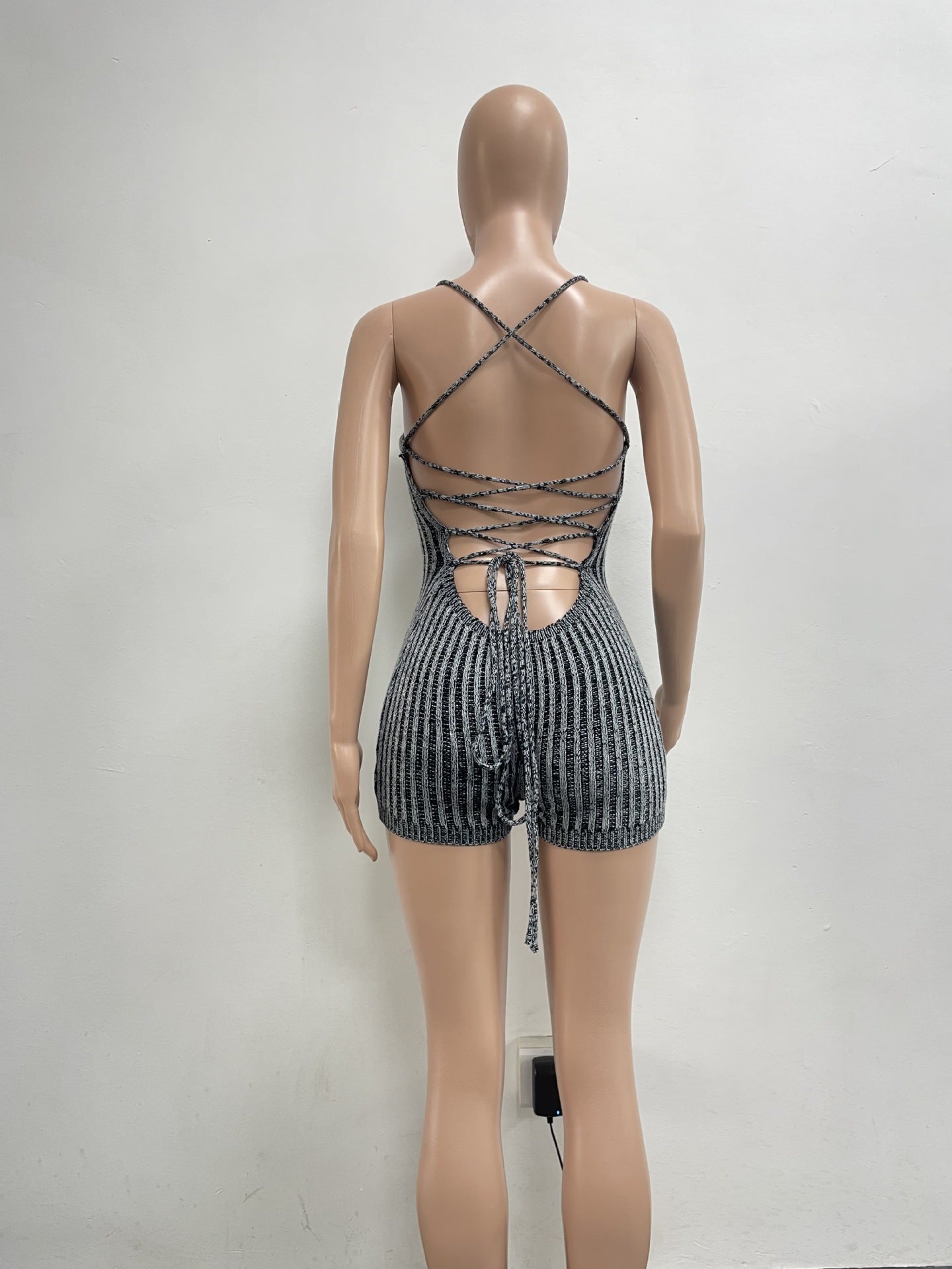 Women Casual Backless Lace-Up Knitting Jumpsuit