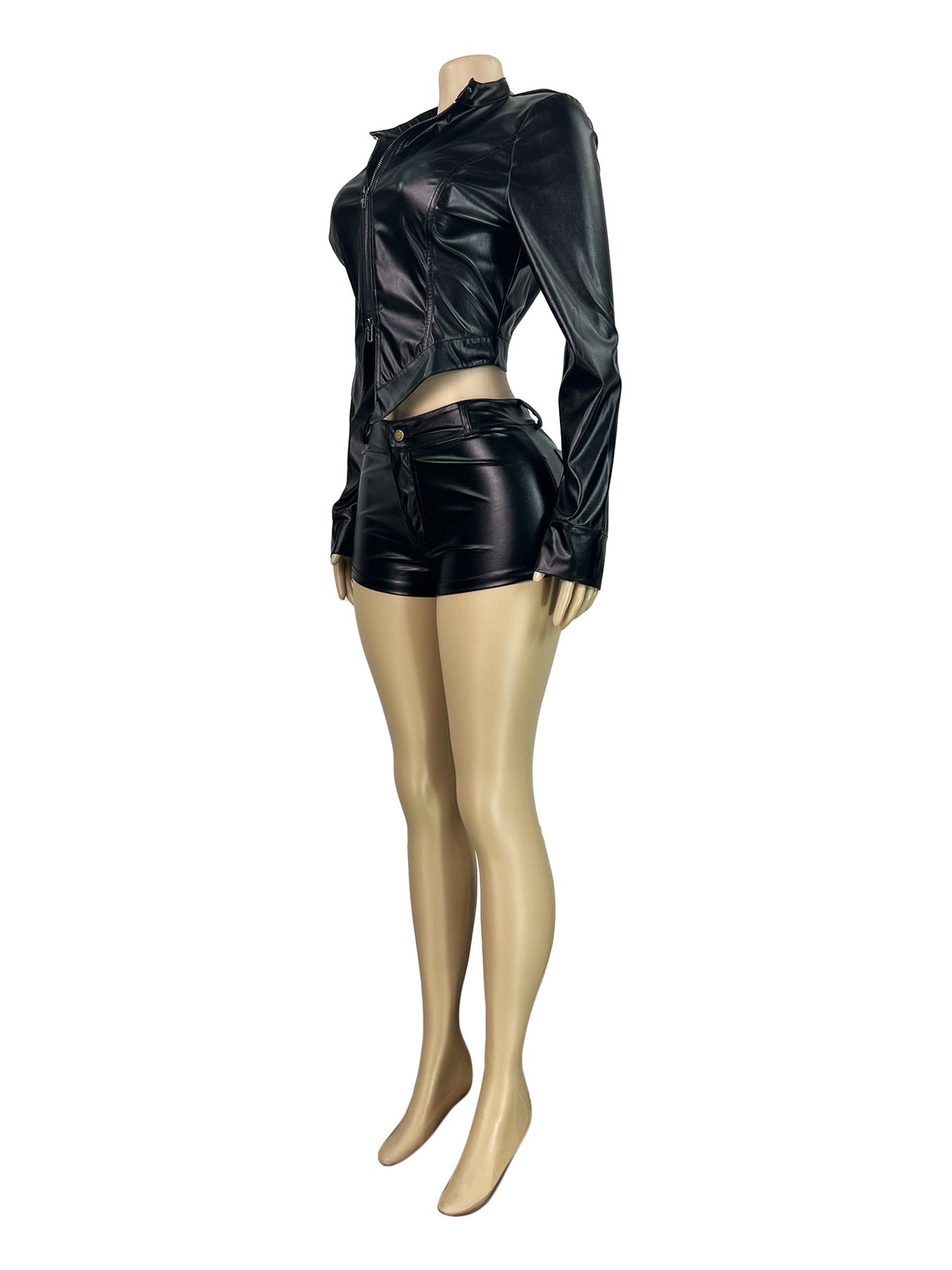 Fashion Women'S Leather Stand Collar Zipper Long Sleeve Top Shorts Two-Piece Set