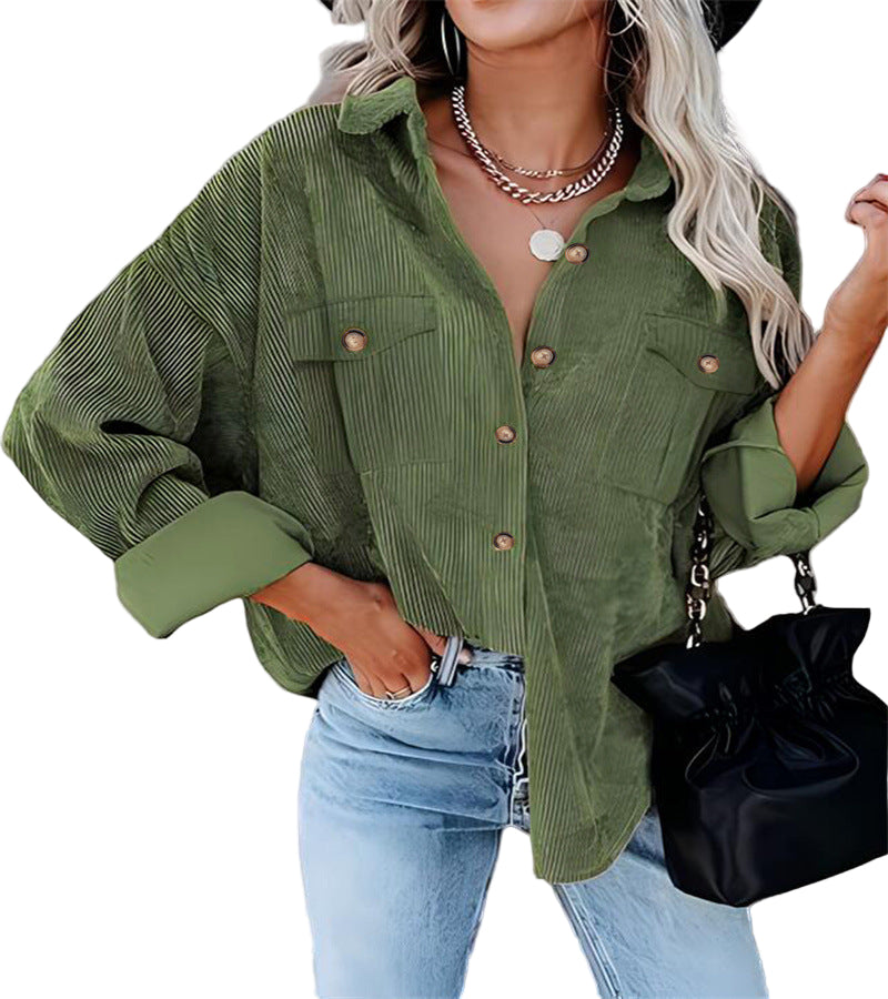 Autumn And Winter New Solid Color Button Corduroy Long Sleeve Loose Coat Women's Clothing