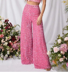 Women'S Spring Summer Casual Solid Color Sequin Mid-Waist Wide-Leg Pants