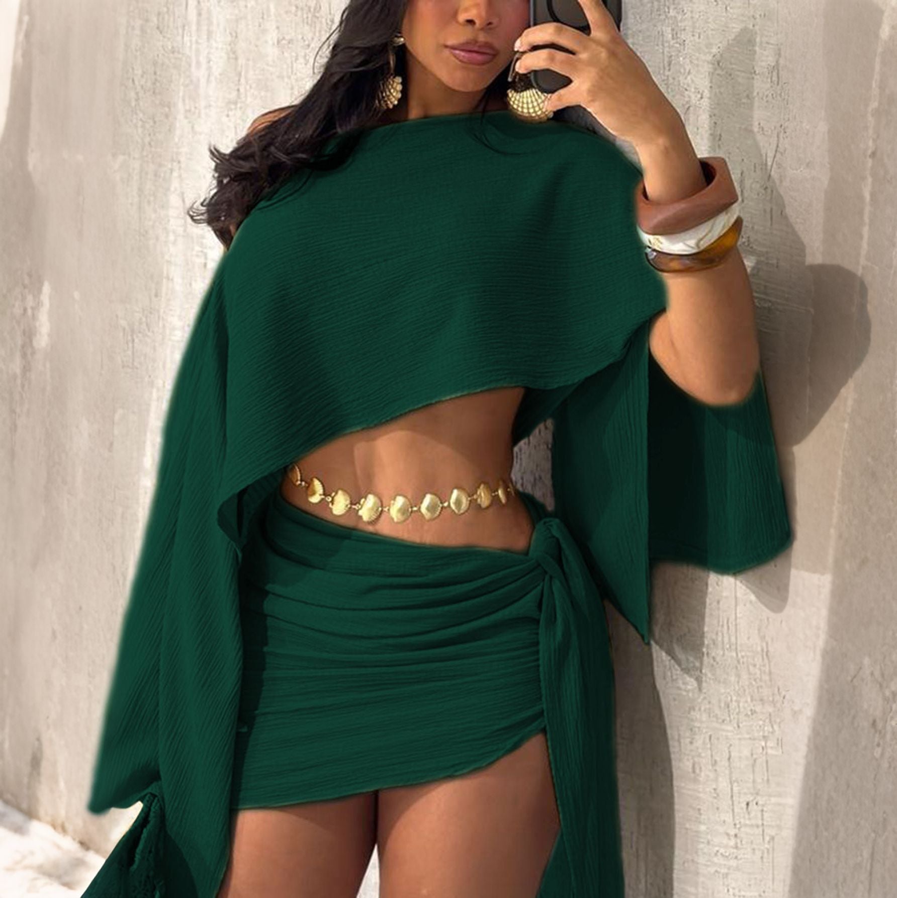 Women Elegant Slash Shoulder Top Lace-Up Bodycon Mini Skirt Set