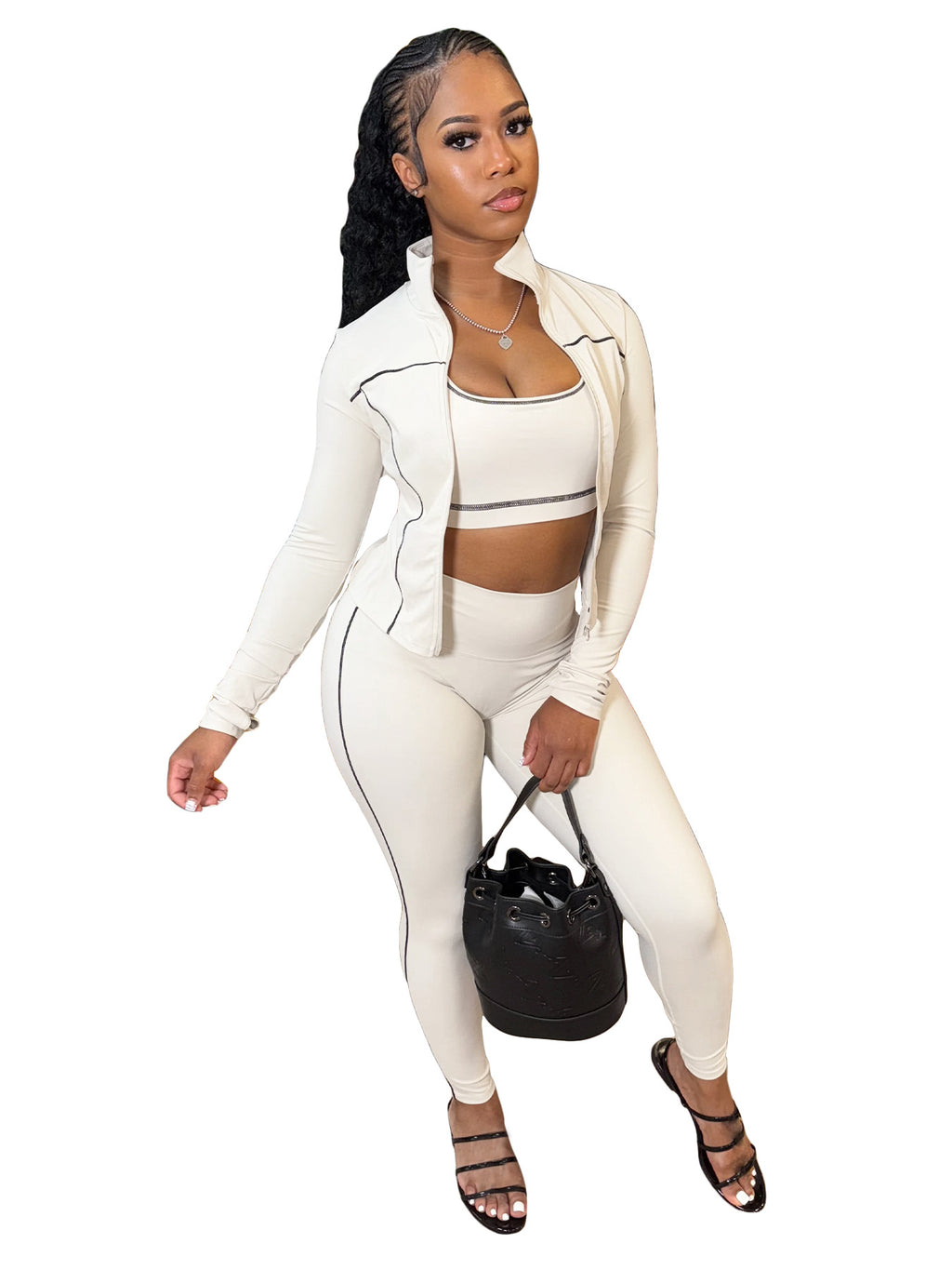 Women Zippered Thumb-Sleeve Long-Sleeved Top And Pants Three-Piece Set