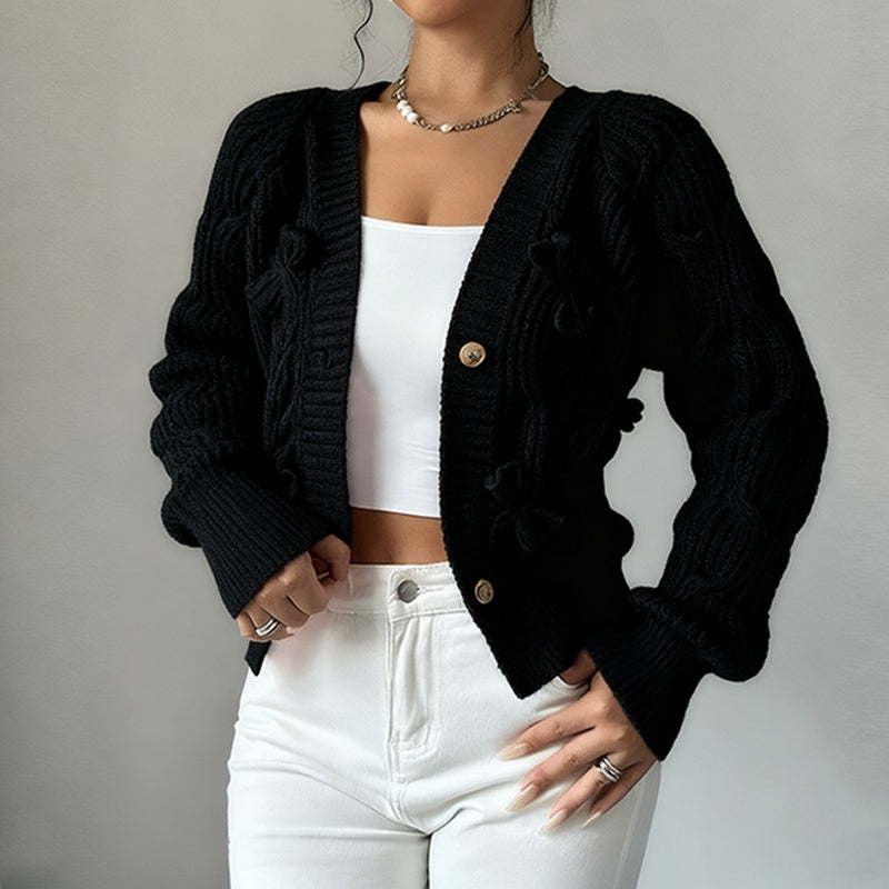 Women's Bow Cropped Cardigan - Long Sleeve V-Neck Button Down Knit Sweater Top