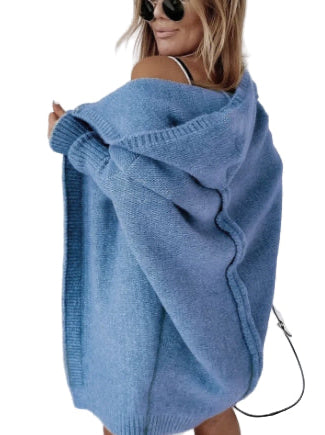 Women's Knitted Hooded Cardigan - Loose Batwing Sleeve Sweater