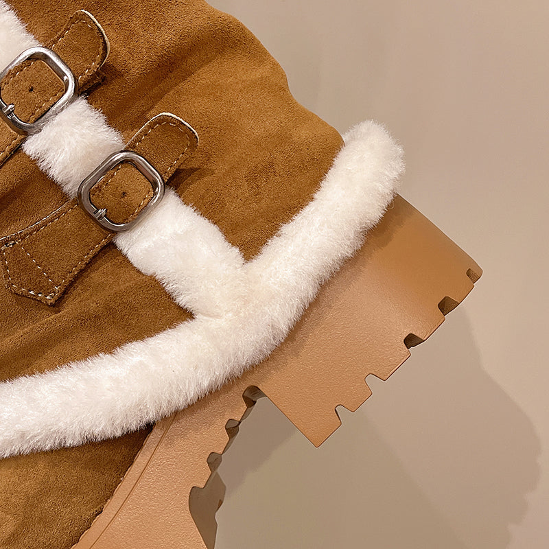 Women's Brown Suede Snow Boots Paired With White Fluffy Thick-soled Martin-style Short Boots, Comfortable Winter Ankle Boots