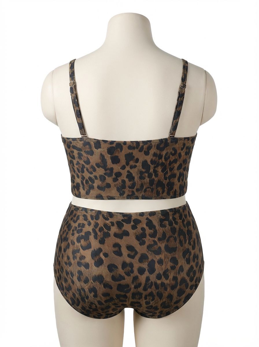 Plus Size Women Leopard Print Two-Piece High Waist Hollow Out Metal Ring Bikini Swimsuit