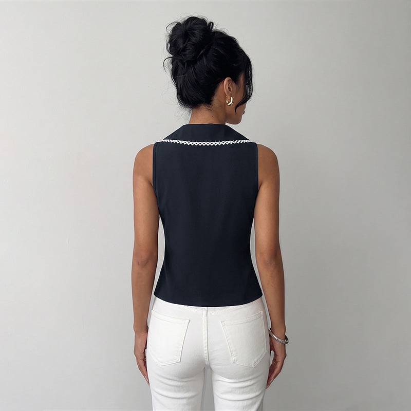 Women Chic Fitted Lace Turndown Collar Hollow Out Sleeveless Vest Shirt