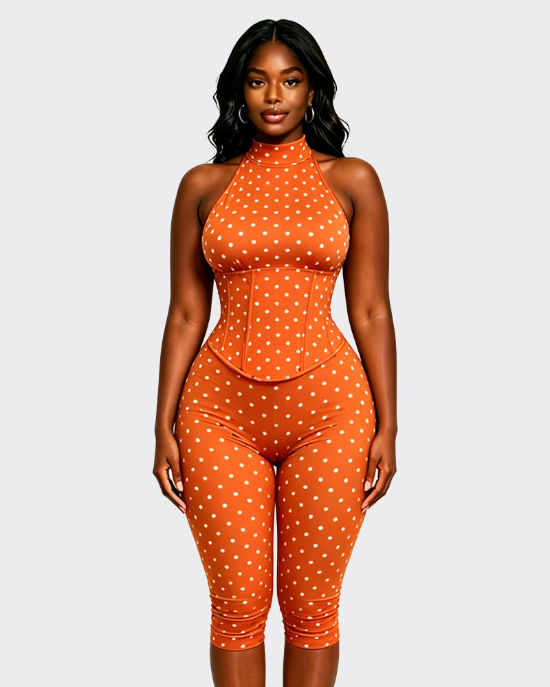 Women Halter Neck Polka Dot Zipper Capri Jumpsuit (Faux Two-Piece)