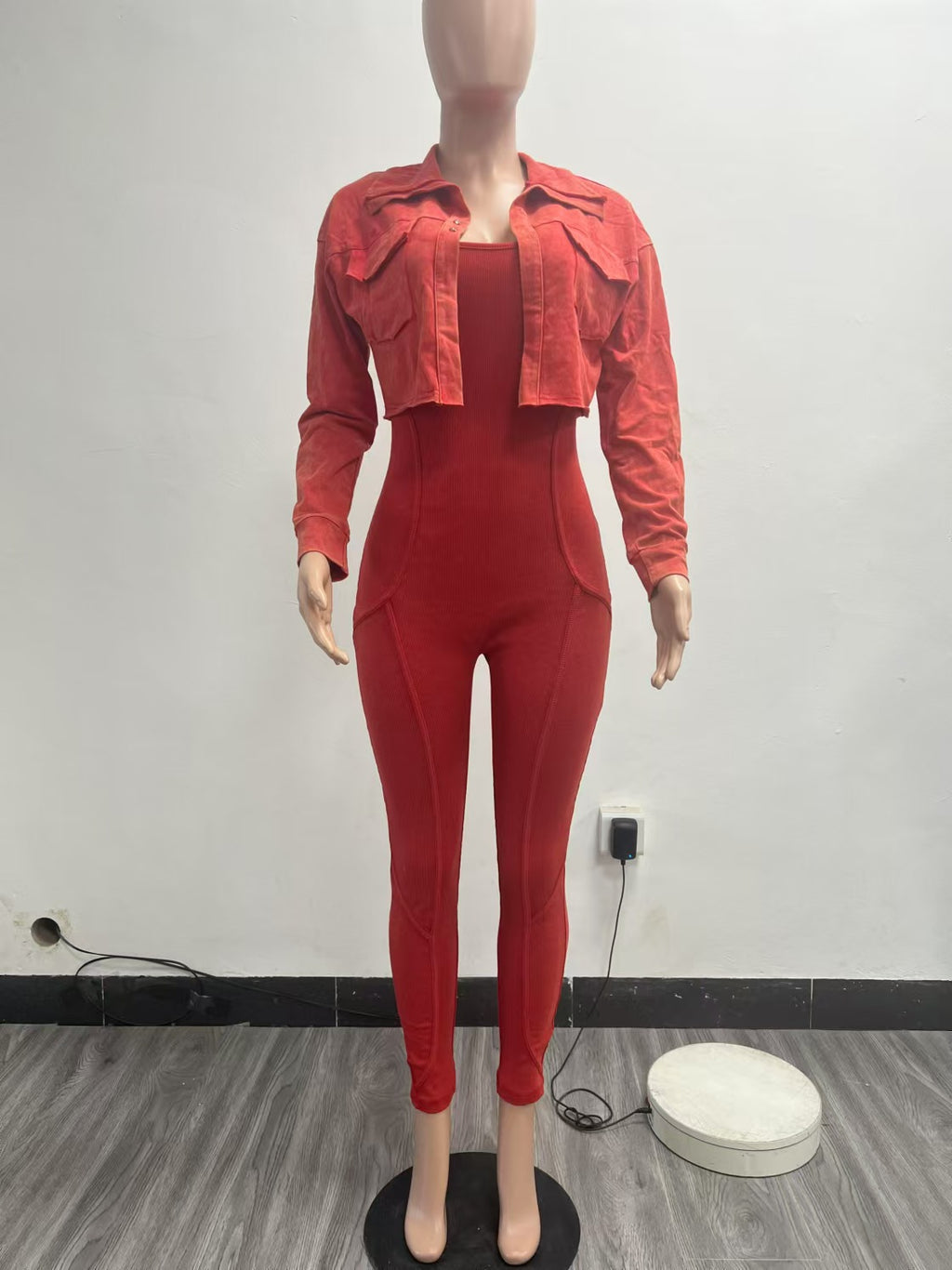 Fashion Women'S Solid Color Tight Slim Jumpsuit Coat Casual Two-Piece Set