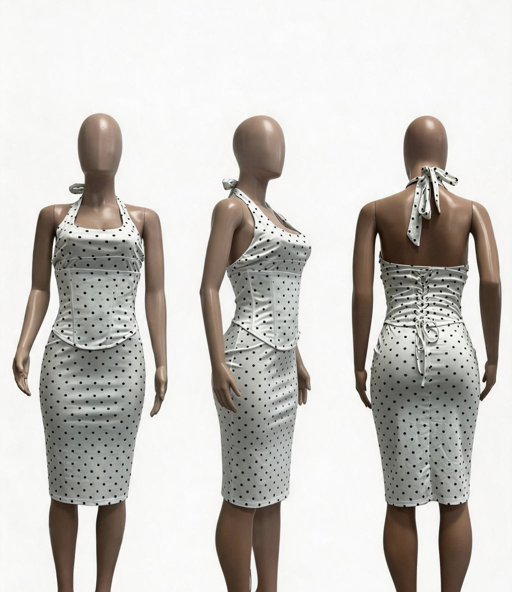 Women Halter Neck Polka Dot Herringbone Zipper (Faux Two-Piece) Dress