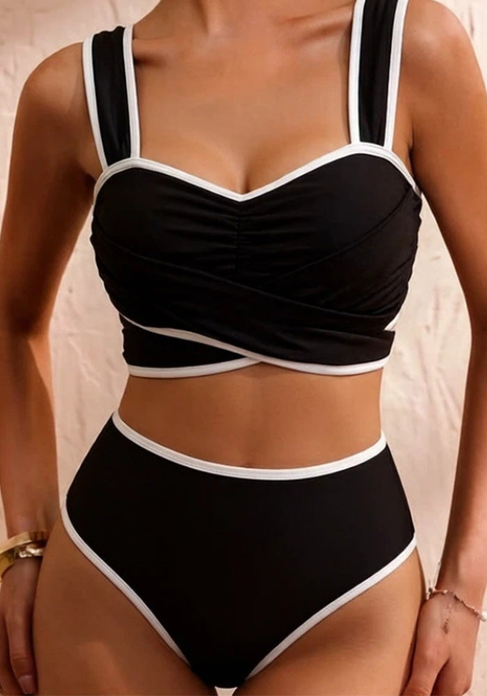 Women Black and White Striped Ruffled Bikini with Bow Tie Two-Piece Swimwear