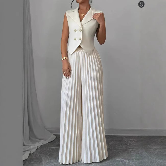 Women's Sleeveless Vest & Pleated Pants Suit Set - Fashion Two-Piece