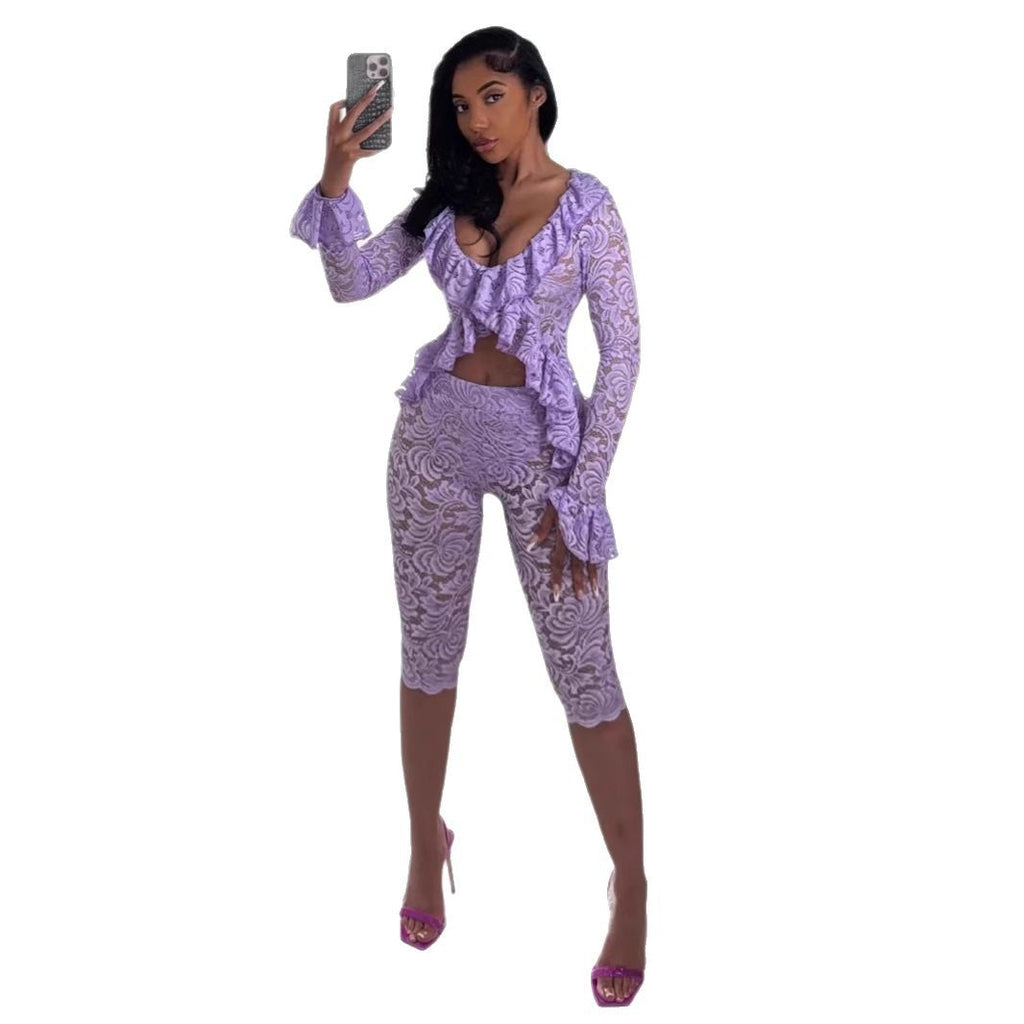 Spring Women'S Sexy Solid Color Hollow Lace Two-Piece Shorts Set
