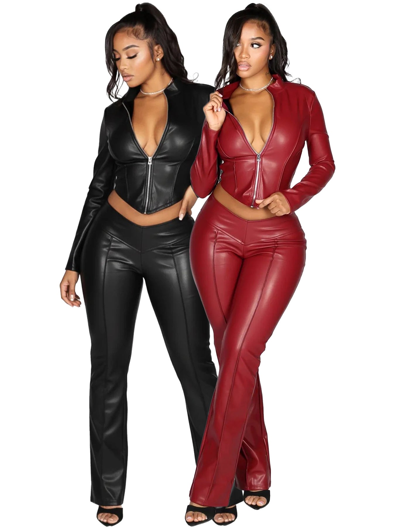 Women'S Fashion Slim Fit Zipper Stretch Leather Casual Flared Pants Set