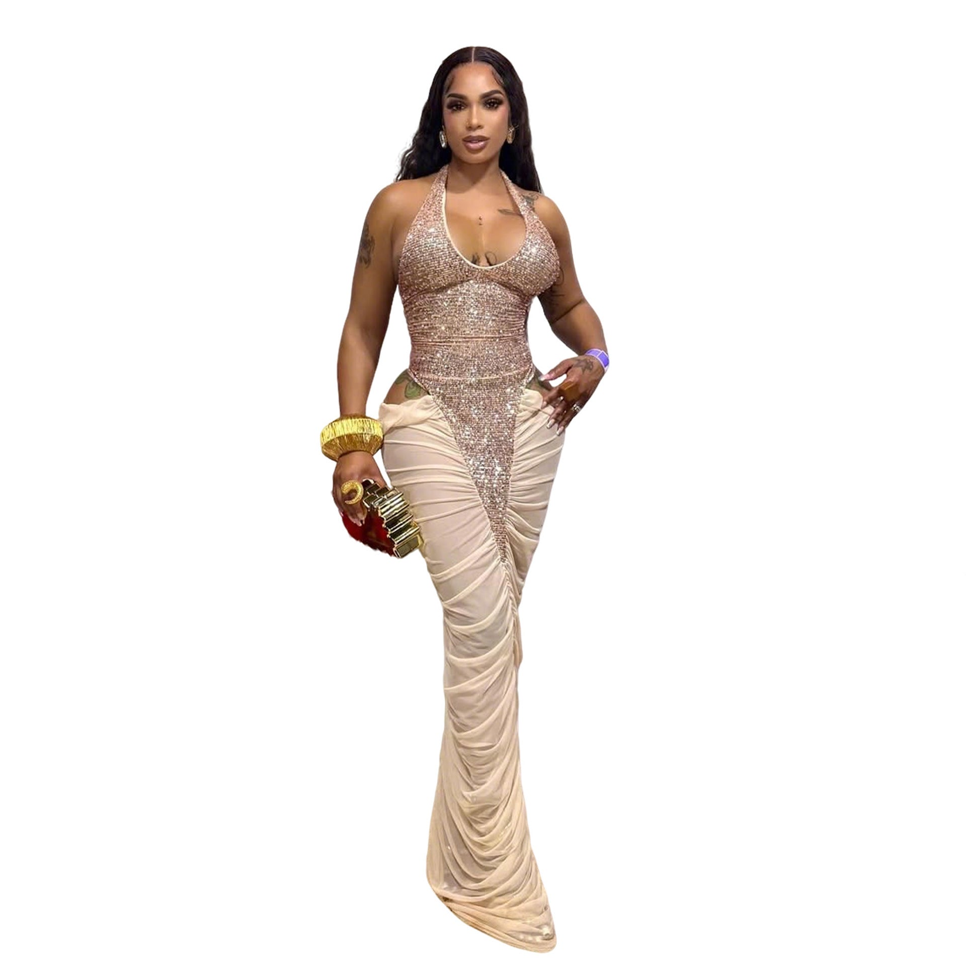 Sexy Elegant High Split Mesh Patchwork Ruched Sequin Lace-Up Halter Neck Evening Dress