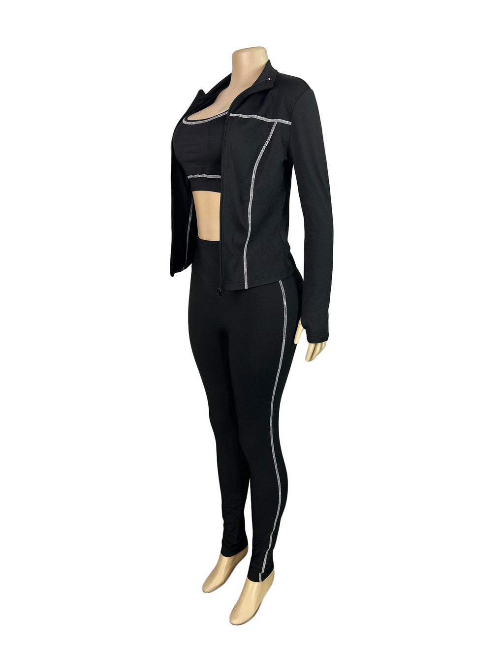 Women Zippered Thumb-Sleeve Long-Sleeved Top And Pants Three-Piece Set