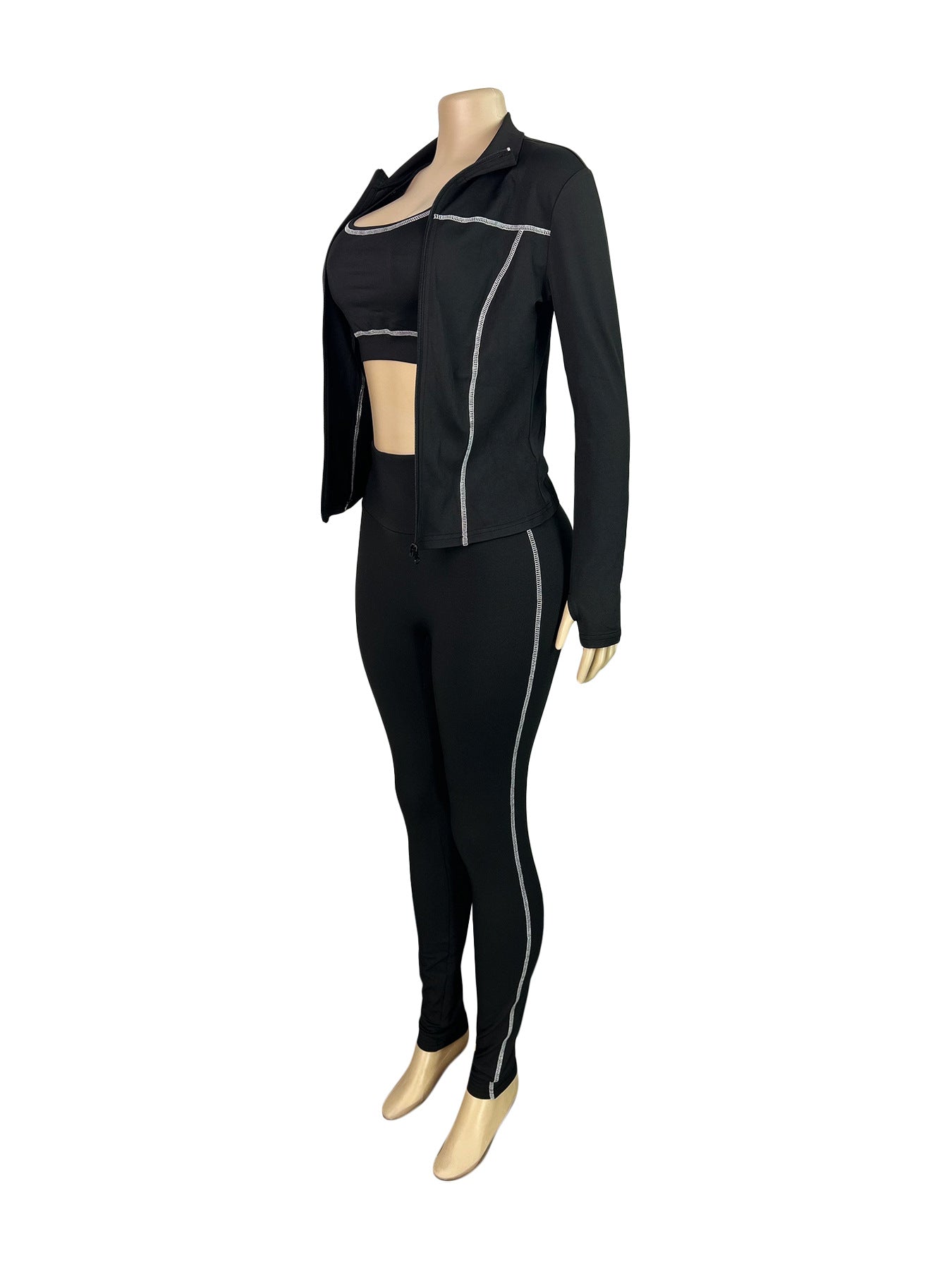 Women Zippered Thumb-Sleeve Long-Sleeved Top And Pants Three-Piece Set