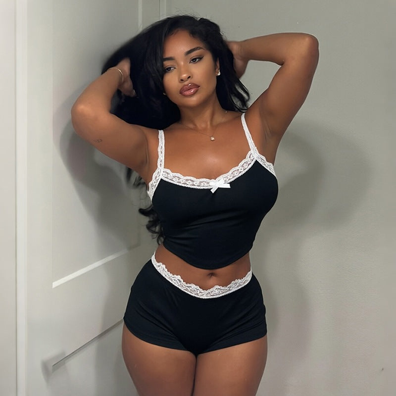 Women Summer Lace Camisole Top Low Waist Shorts Loungewear Set