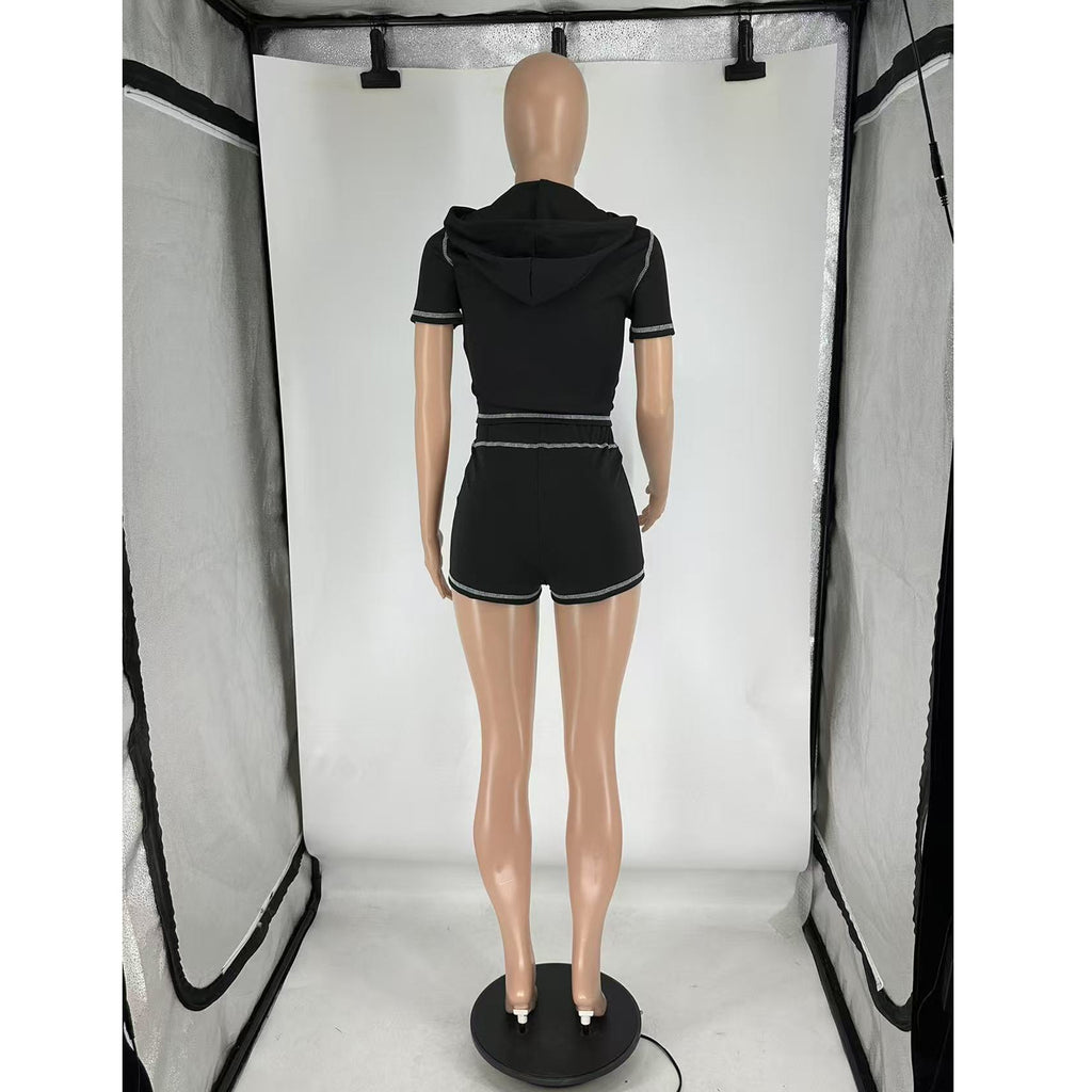 Summer Women High-Stretch Zip Hooded Casual Short Sleeve Top Shorts Two-Piece Set