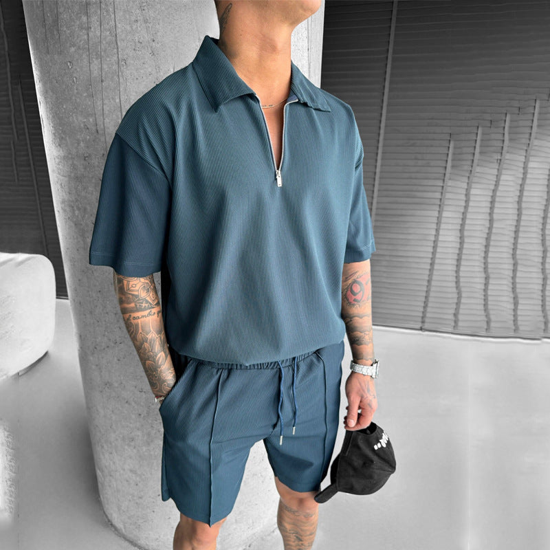 Men's Zipper Polo & Shorts Set - Summer Two-Piece Outfit