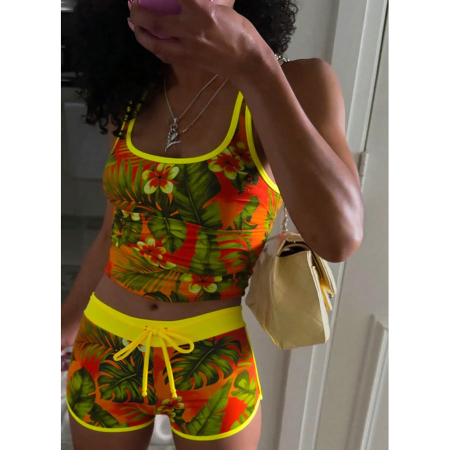 Women Summer Tropical Leaf Printed High Waist Square Leg Swimsuit