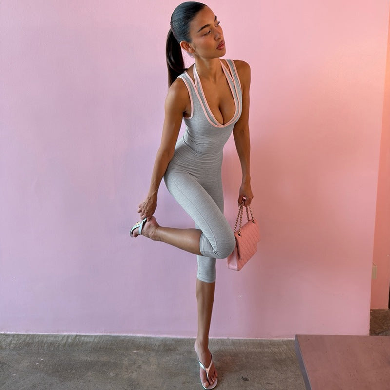Women Summer Fake Two-piece Sleeveless Vest Knee-Length Shorts Set