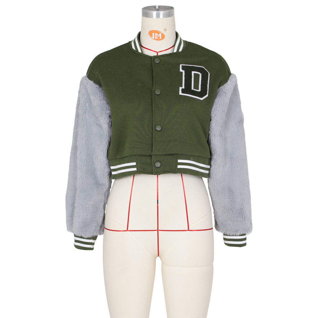 Women's Letter Faux Fur Zip Baseball Jacket