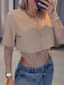 Women Summer Lace Bodysuit and Round Neck Long-Sleeve Top Two-Piece Set