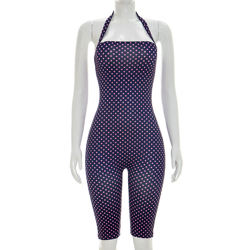 Women Spring Summer Polka Dot Sleeveless Halter Neck Cropped Jumpsuit