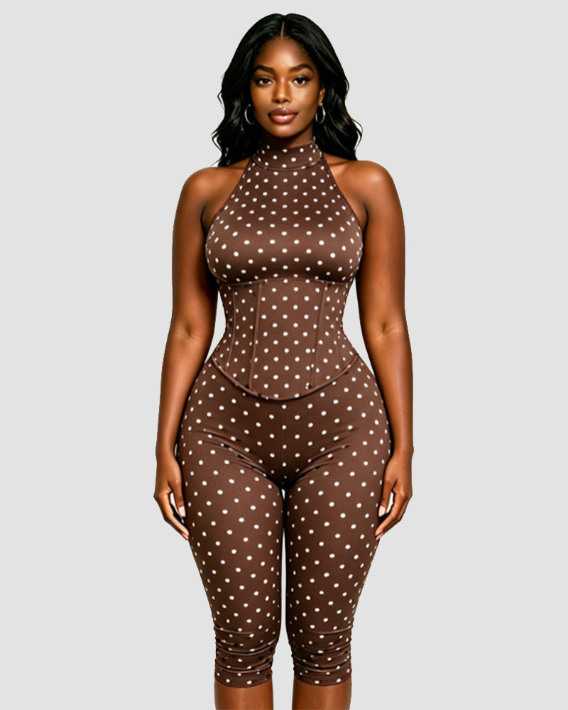 Women Halter Neck Polka Dot Zipper Capri Jumpsuit (Faux Two-Piece)