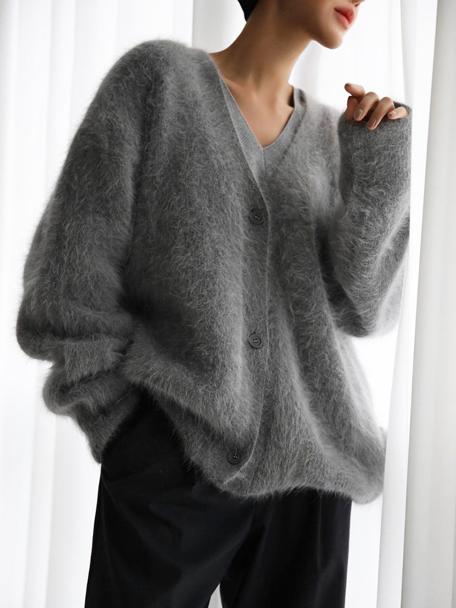 Women's Loose V-Neck Button Knitted Cardigan Sweater - Fall & Winter Top