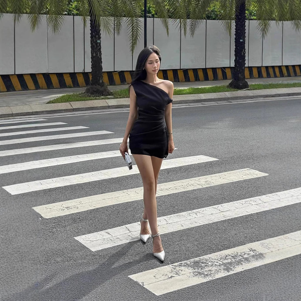 Fall New Sexy Pleated Off-the-shoulder Diagonal Collar Dress For Women