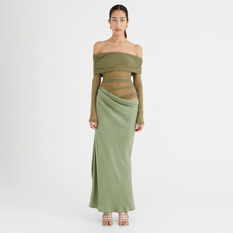 Women Summer Off Shoulder Long Sleeve Cut Out Patchwork Dress