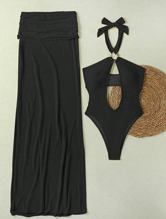 Women's Solid Sexy Hollow Halter Neck One-Piece Swimsuit Skirt Two-Piece Set