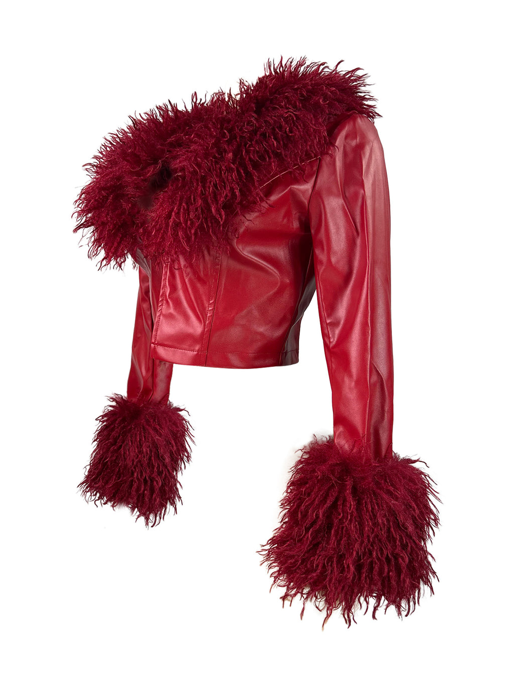 Women Furry V-Neck Button-Up Pu-Leather Jacket Top