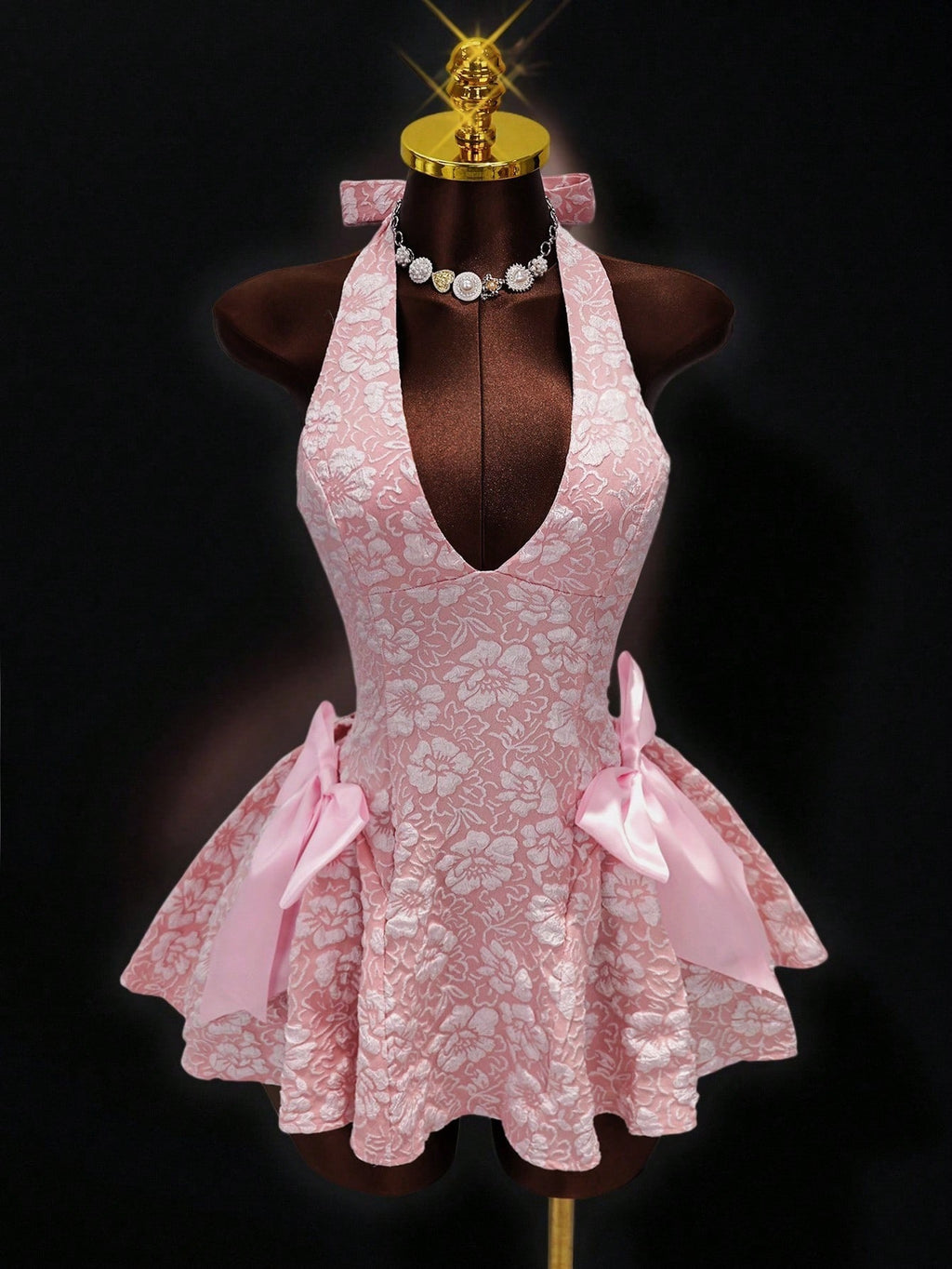 Women Sexy Sleeveless Halter Neck Jacquard V Neck Dress