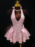 Women Sexy Sleeveless Halter Neck Jacquard V Neck Dress