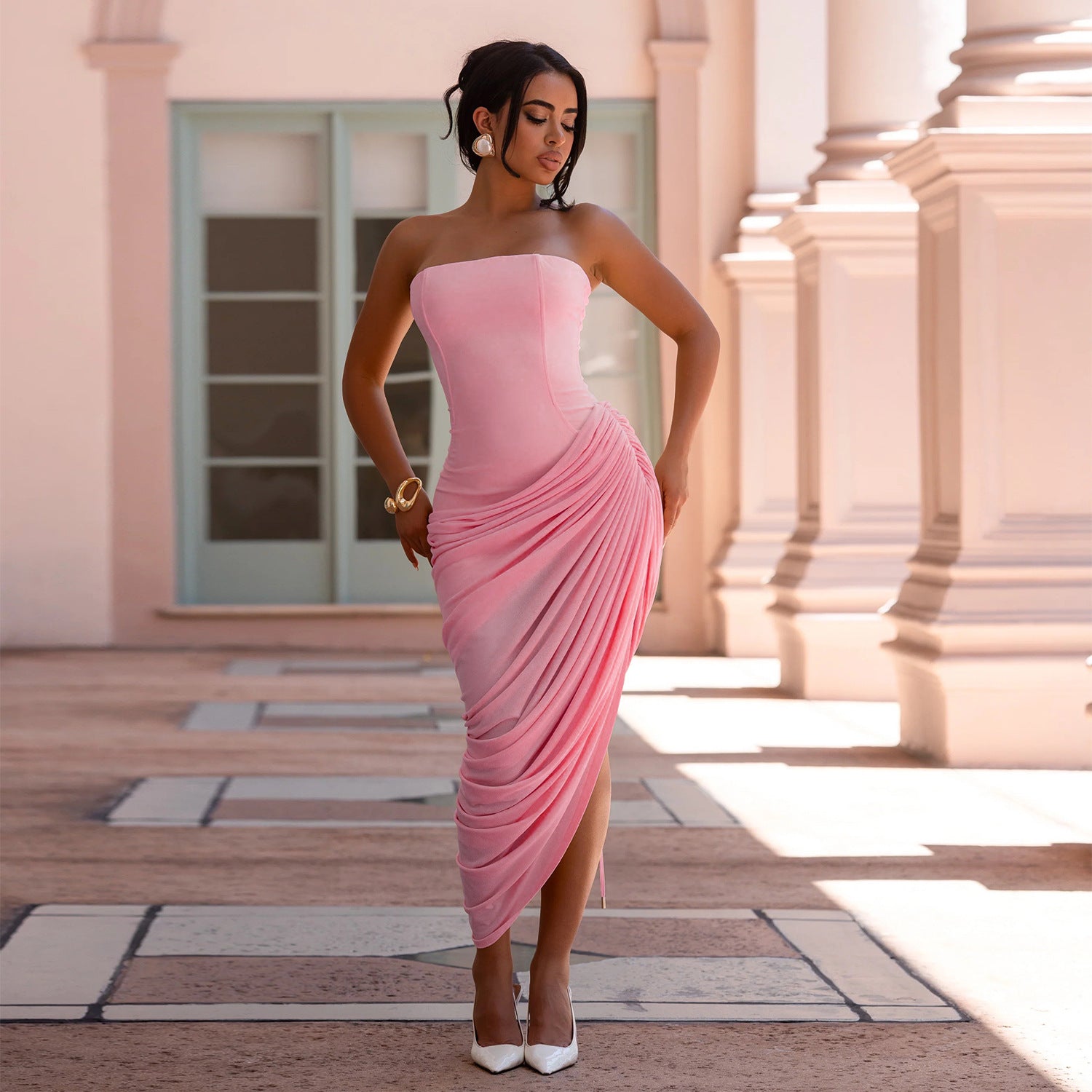 Women Sexy Off-Shoulder Strapless Pleated Bodycon Dress