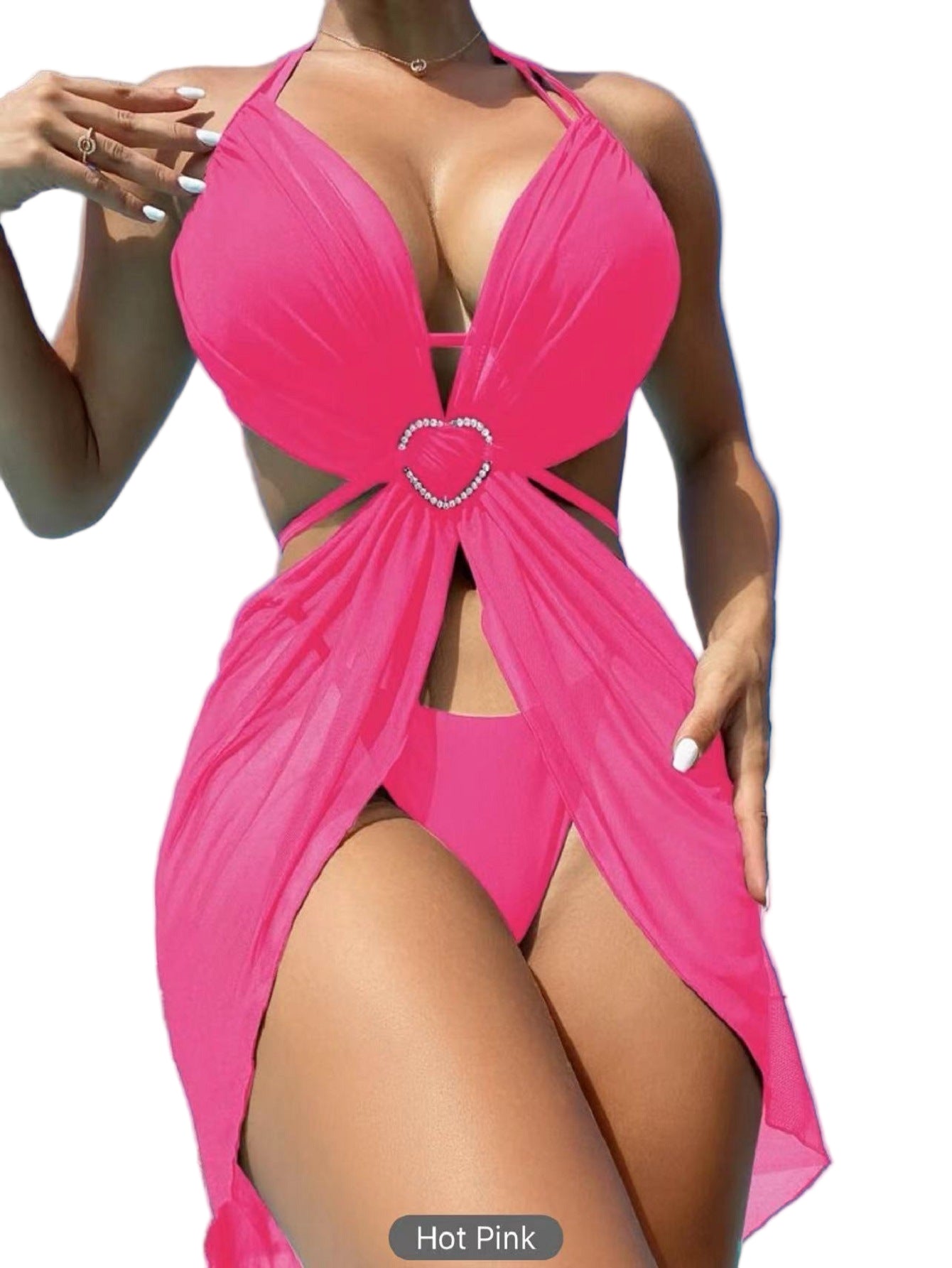 Women's 3-Piece Halter Neck Bikini Set - Solid Color Split Swimsuit