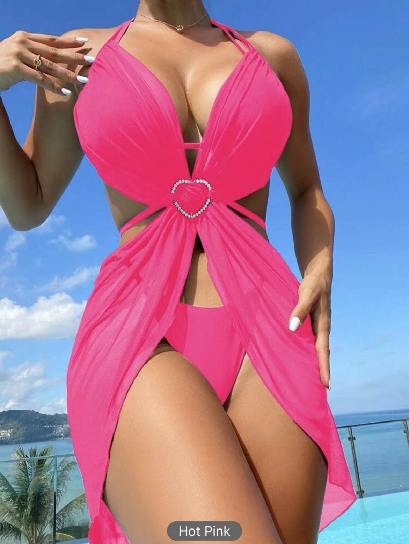 Women's 3-Piece Halter Neck Bikini Set - Solid Color Split Swimsuit