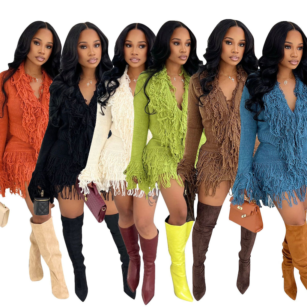 Autumn & Winter Knitted Crochet Fringe Lace-Up Long Sleeve Bodycon Skirt Set