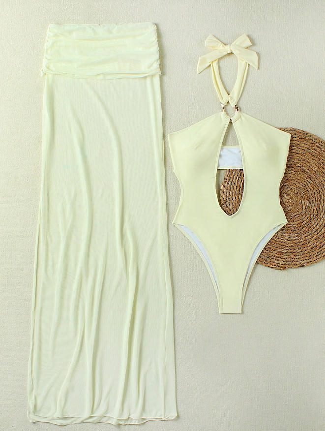 Women's Solid Sexy Hollow Halter Neck One-Piece Swimsuit Skirt Two-Piece Set